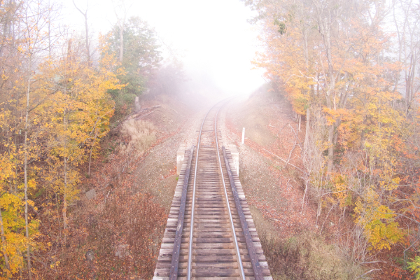 Railroad into fog. (unretouched) Twilight, Pennsylvania (color)